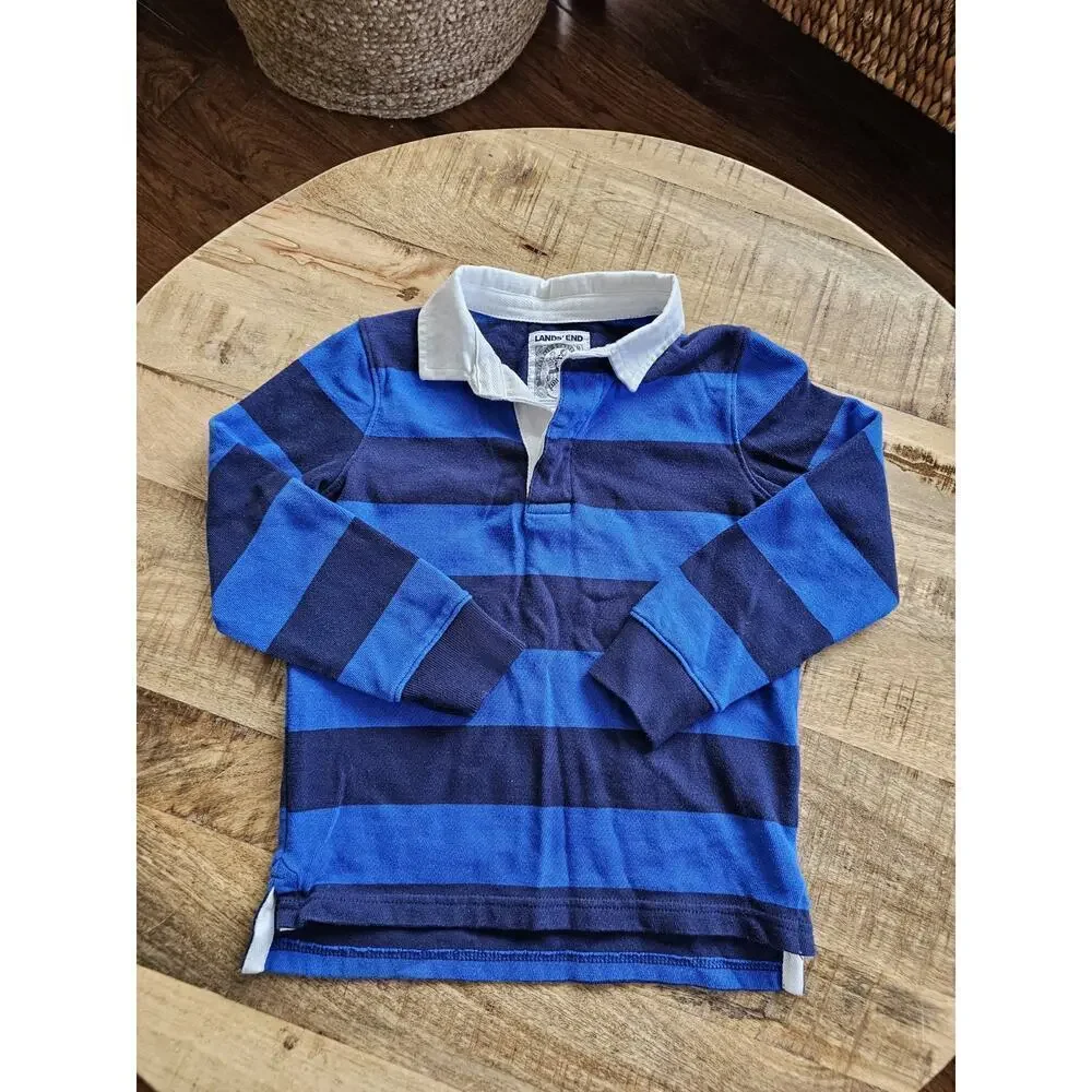 LANDS' END Boys Henley Blue Stripe Knit Size 5/6 Blue White Collar‎